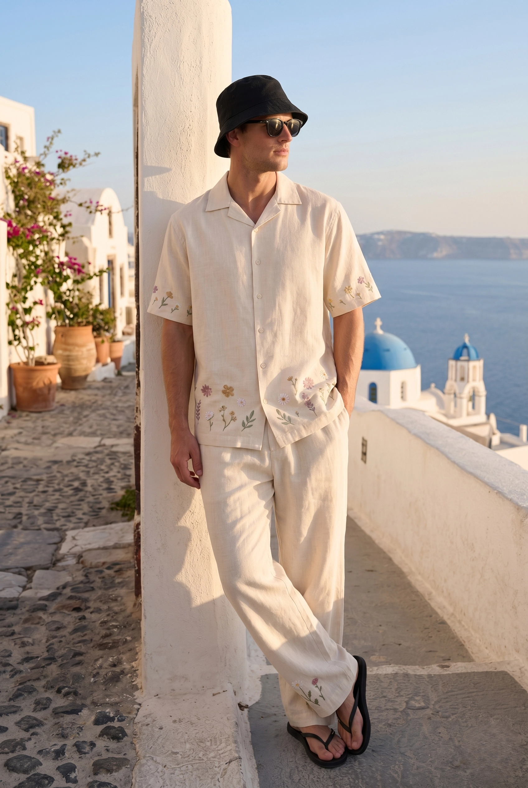Luxury Beige Floral Embroidered Linen Cotton Cuban Collar Shirt and Pant Co-Ord Set for Men by Liibula