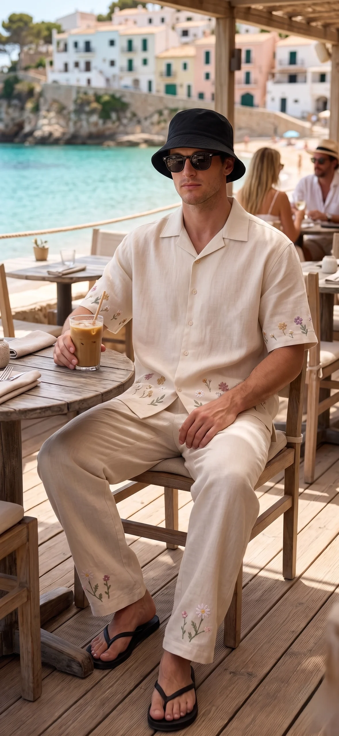 Luxury Beige Floral Embroidered Linen Cotton Cuban Collar Shirt and Pant Co-Ord Set for Men by Liibula