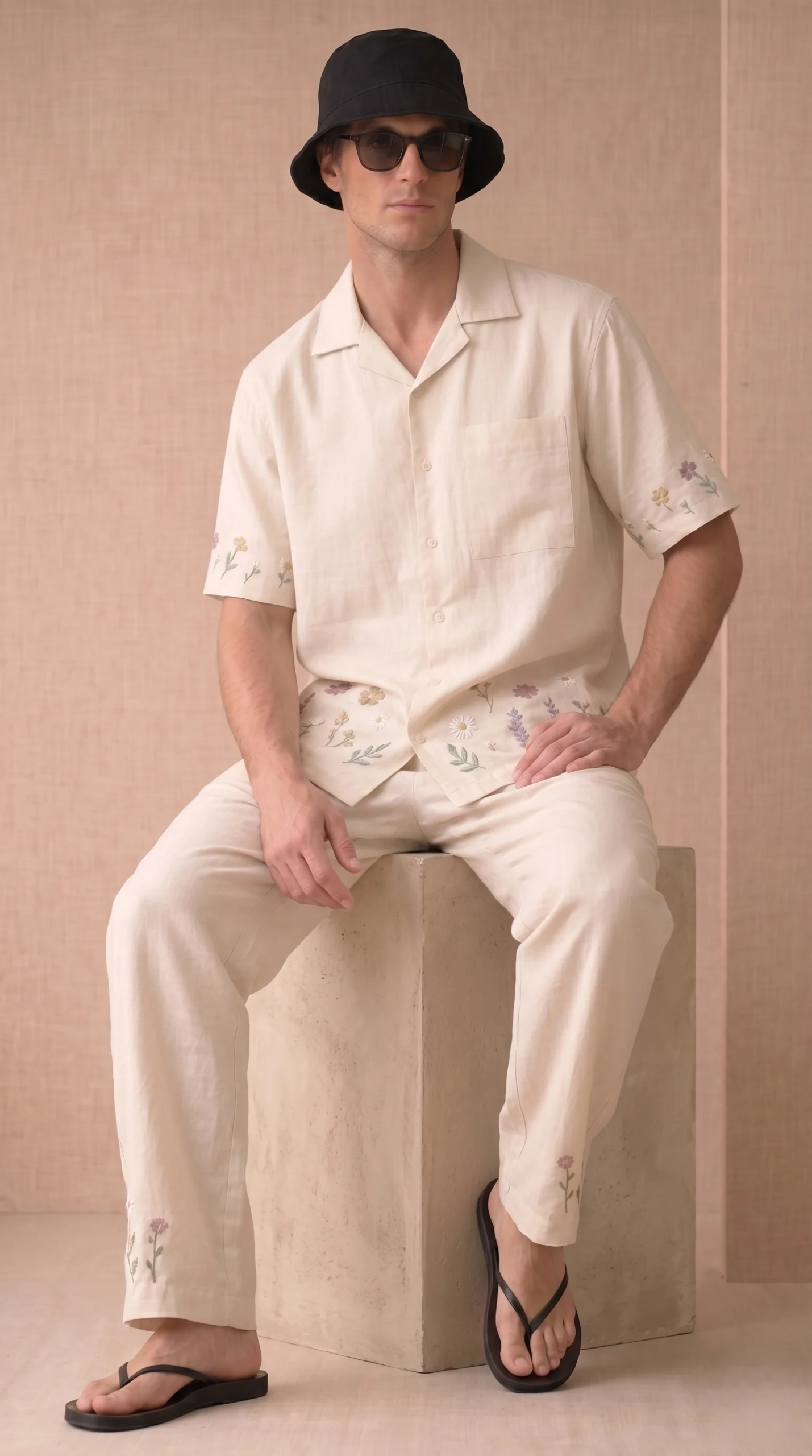 Luxury Beige Floral Embroidered Linen Cotton Cuban Collar Shirt and Pant Co-Ord Set for Men by Liibula