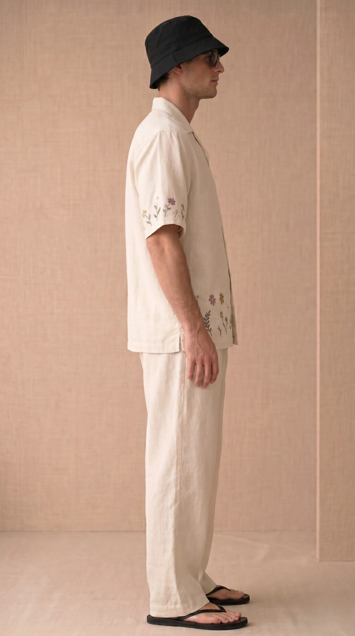 Luxury Beige Floral Embroidered Linen Cotton Cuban Collar Shirt and Pant Co-Ord Set for Men by Liibula