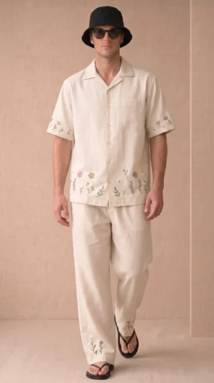 Luxury Beige Floral Embroidered Linen Cotton Cuban Collar Shirt and Pant Co-Ord Set for Men by Liibula