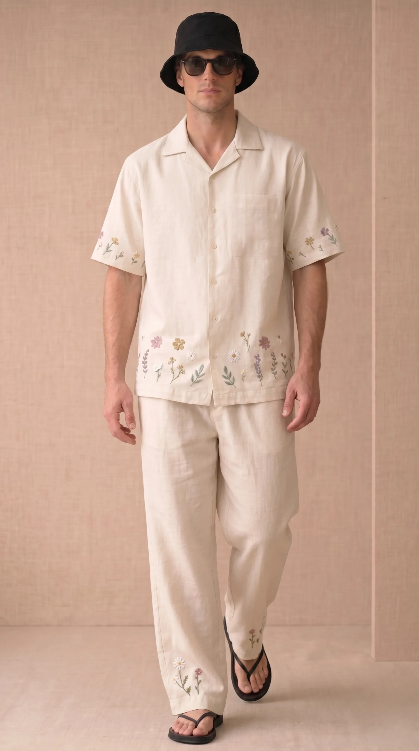 Luxury Beige Floral Embroidered Linen Cotton Cuban Collar Shirt and Pant Co-Ord Set for Men by Liibula