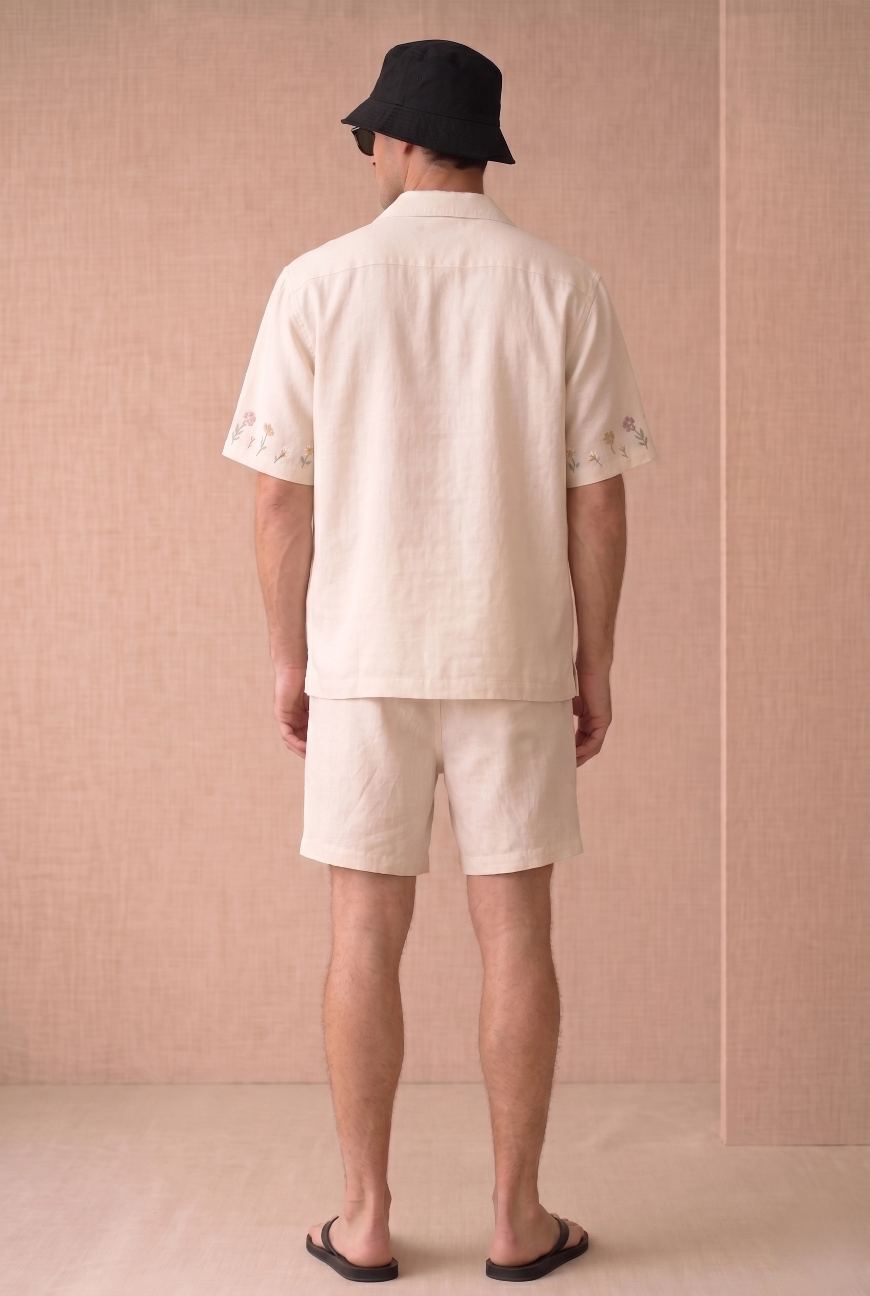 Luxury Beige Floral Embroidered Linen Cotton Cuban Collar Shirt and Shorts Set for Men by Liibula
