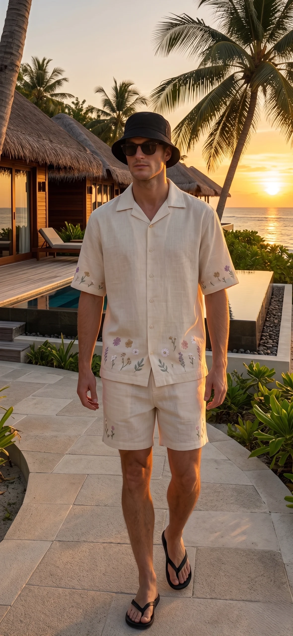 Luxury Beige Floral Embroidered Linen Cotton Cuban Collar Shirt and Shorts Set for Men by Liibula