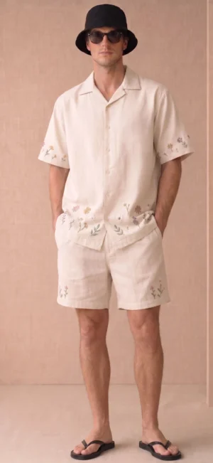 Luxury Beige Floral Embroidered Linen Cotton Cuban Collar Shirt and Shorts Set for Men by Liibula