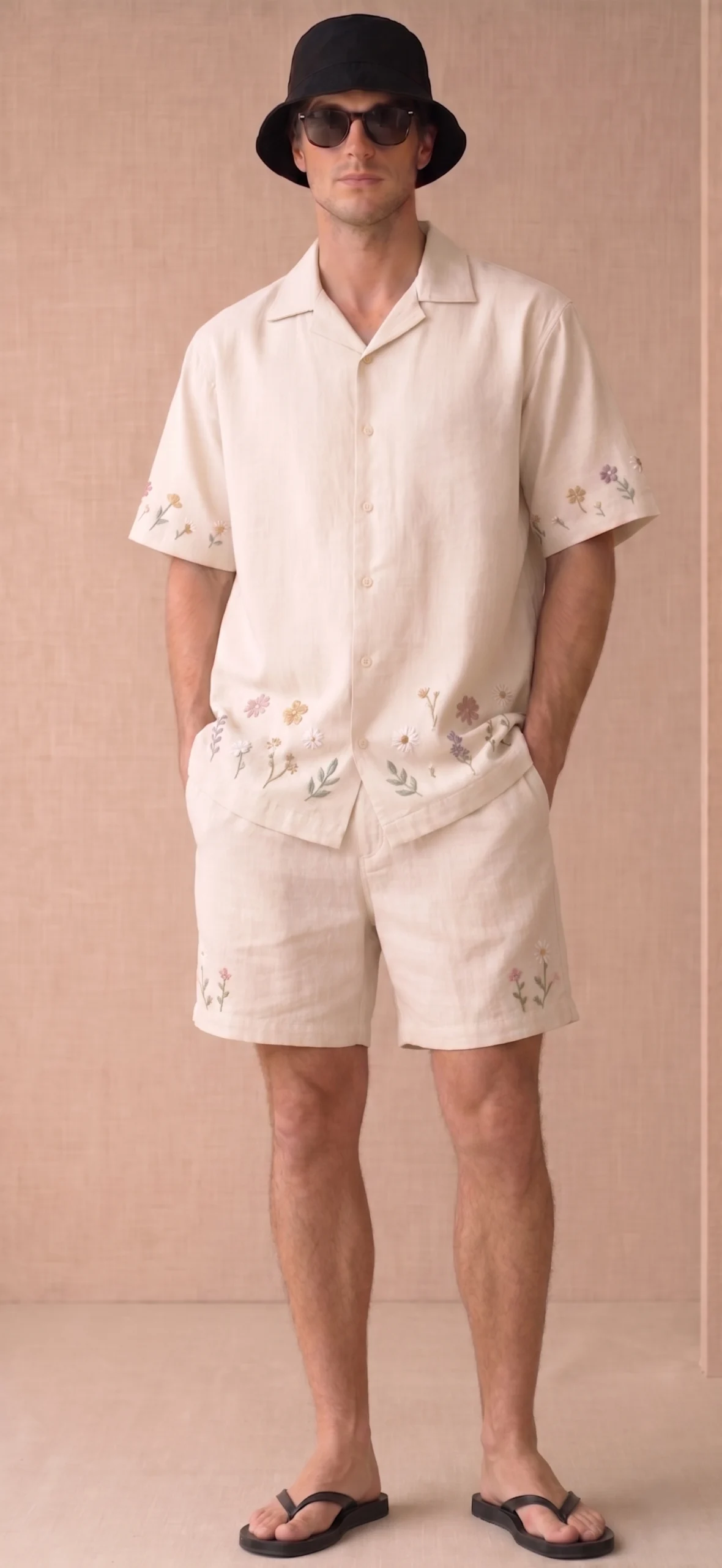 Luxury Beige Floral Embroidered Linen Cotton Cuban Collar Shirt and Shorts Set for Men by Liibula