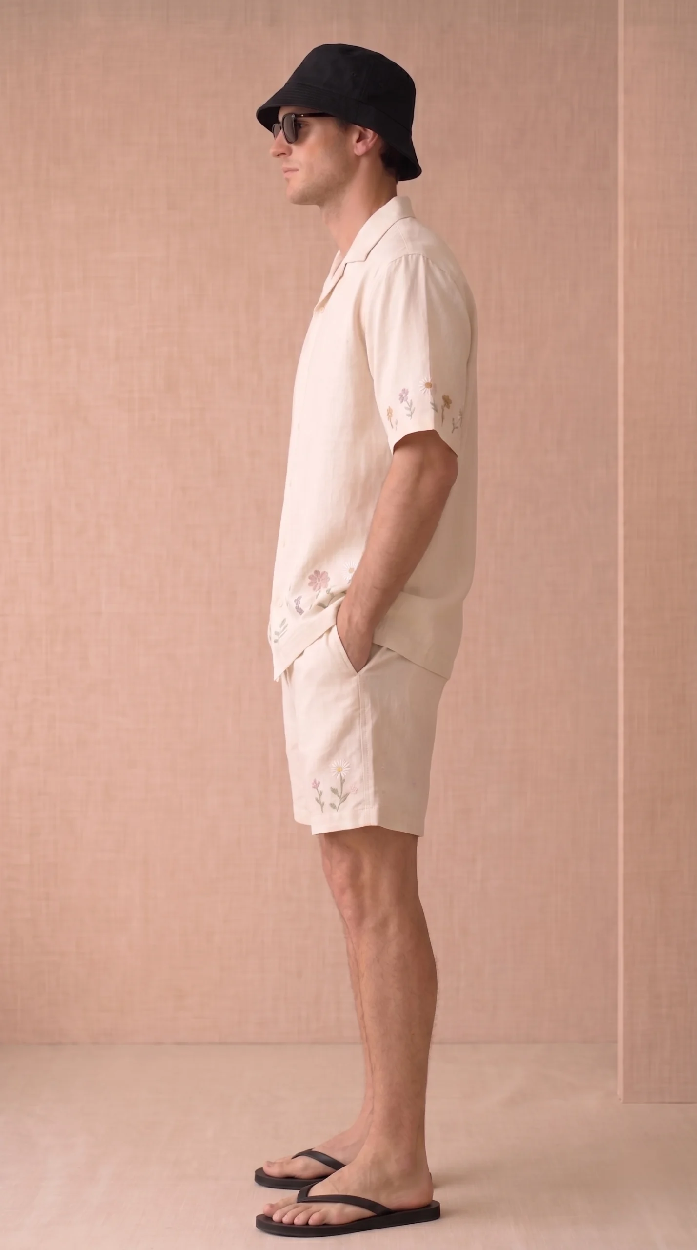 Luxury Beige Floral Embroidered Linen Cotton Cuban Collar Shirt and Shorts Set for Men by Liibula