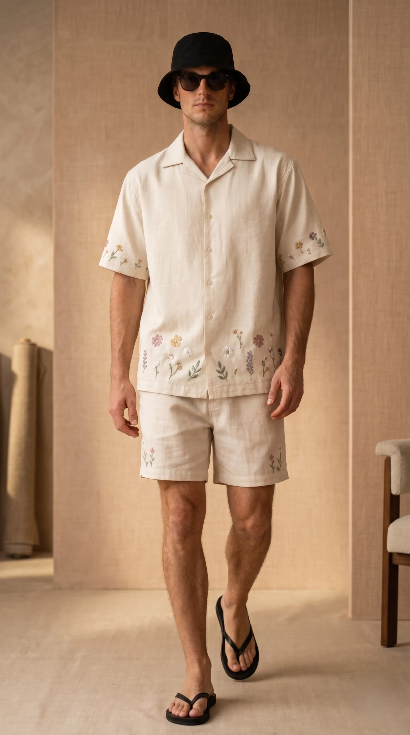 Luxury Beige Floral Embroidered Linen Cotton Cuban Collar Shirt and Shorts Set for Men by Liibula