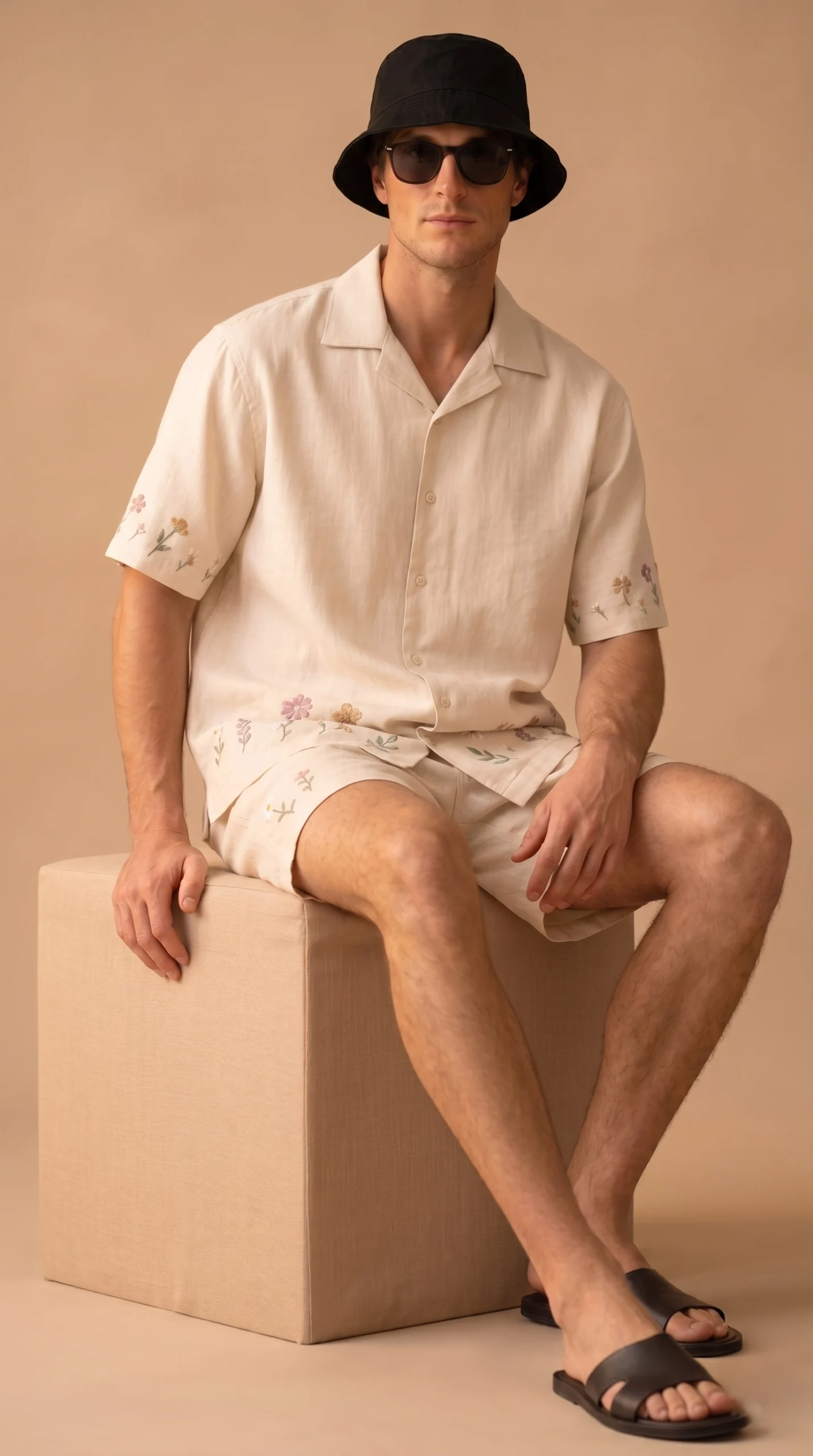 Luxury Beige Floral Embroidered Linen Cotton Cuban Collar Shirt and Shorts Set for Men by Liibula