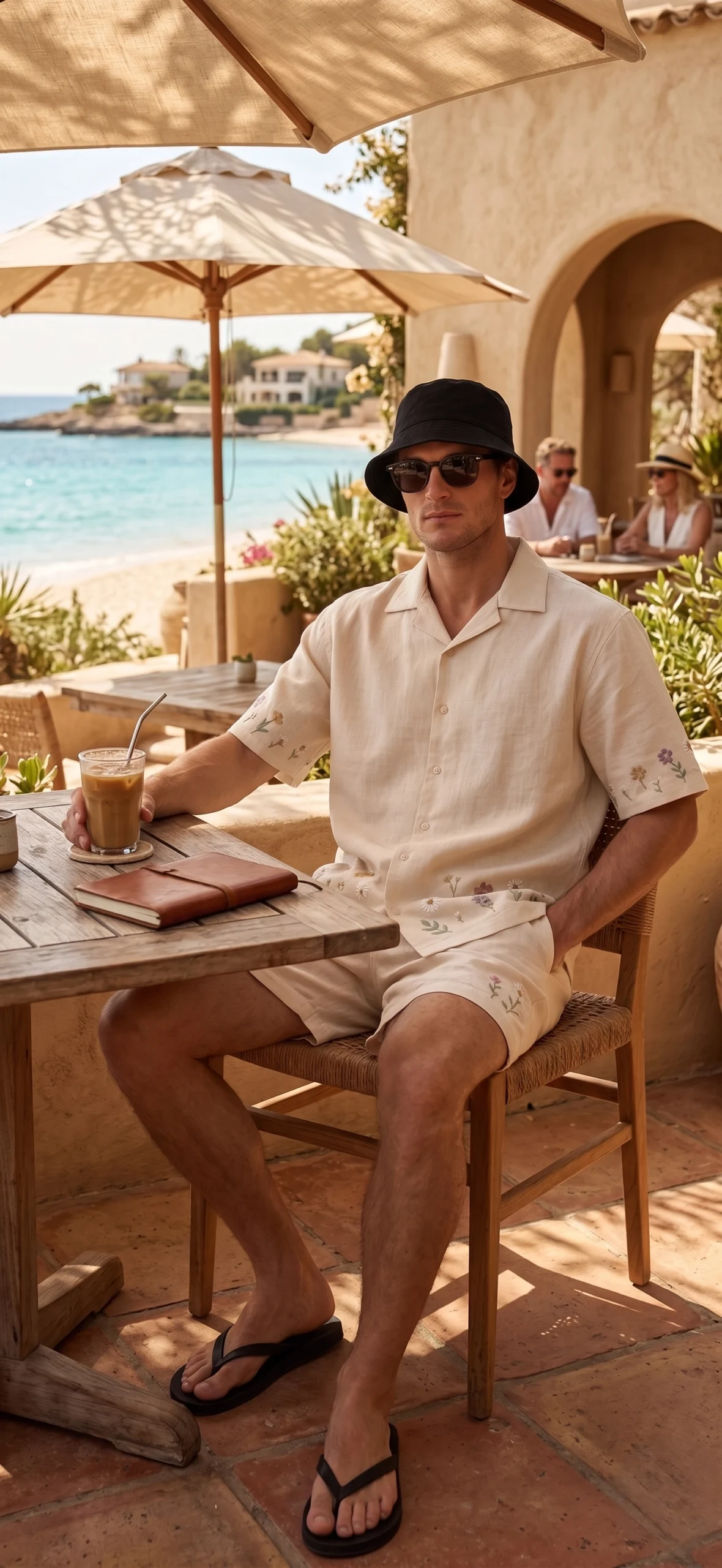 Luxury Beige Floral Embroidered Linen Cotton Cuban Collar Shirt and Shorts Set for Men by Liibula