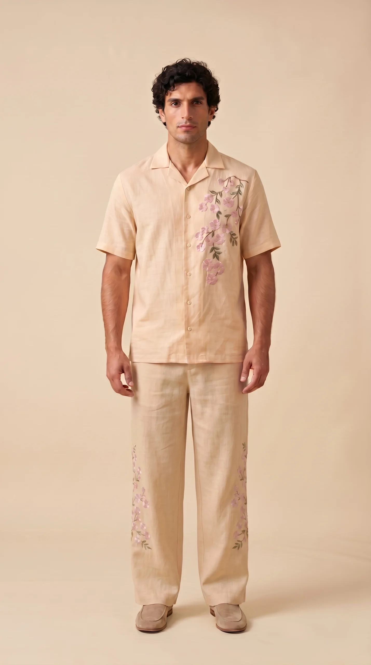 Luxury Beige Floral Embroidered Linen Cotton Cuban Collar Shirt and Pant Co-Ord Set for Men by Liibula