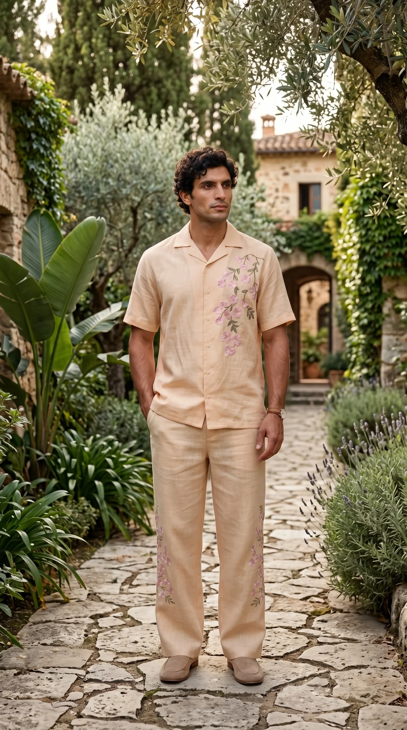 Luxury Beige Floral Embroidered Linen Cotton Cuban Collar Shirt and Pant Co-Ord Set for Men by Liibula