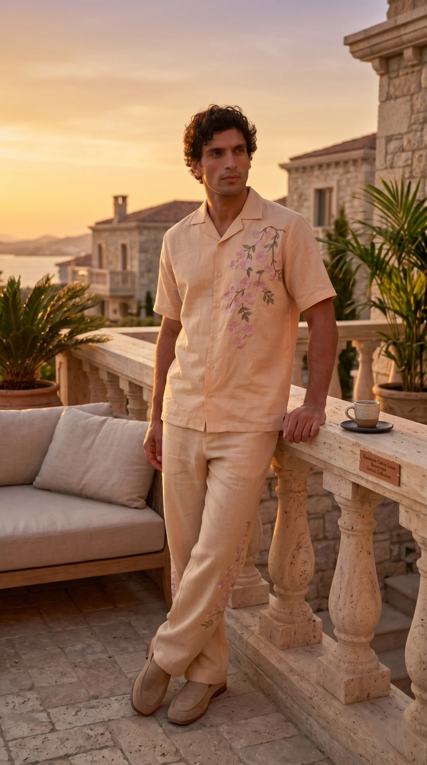 Luxury Beige Floral Embroidered Linen Cotton Cuban Collar Shirt and Pant Co-Ord Set for Men by Liibula