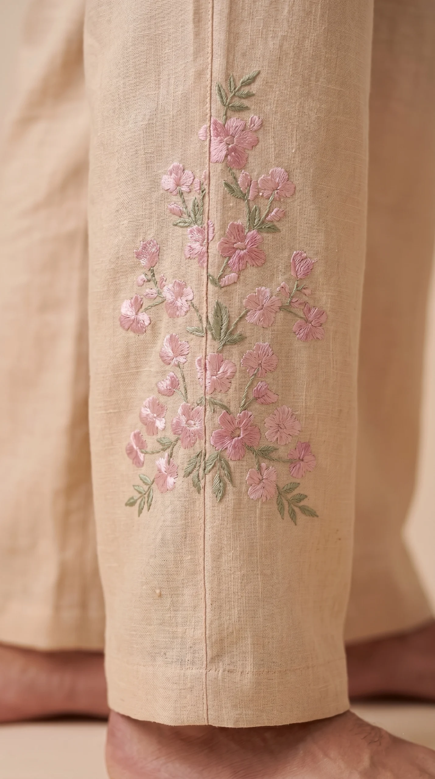 Luxury Beige Floral Embroidered Linen Cotton Cuban Collar Shirt and Pant Co-Ord Set for Men by Liibula
