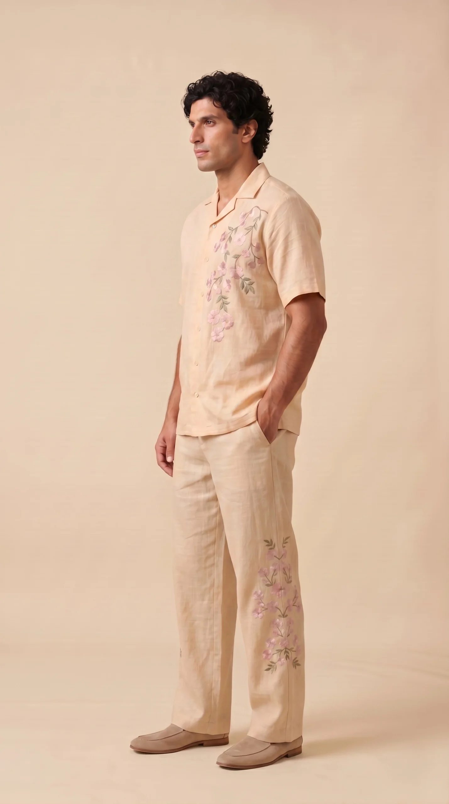 Luxury Beige Floral Embroidered Linen Cotton Cuban Collar Shirt and Pant Co-Ord Set for Men by Liibula