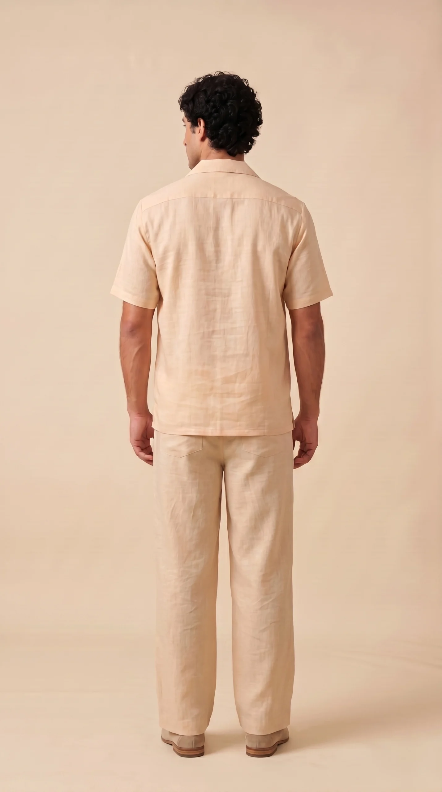 Luxury Beige Floral Embroidered Linen Cotton Cuban Collar Shirt and Pant Co-Ord Set for Men by Liibula