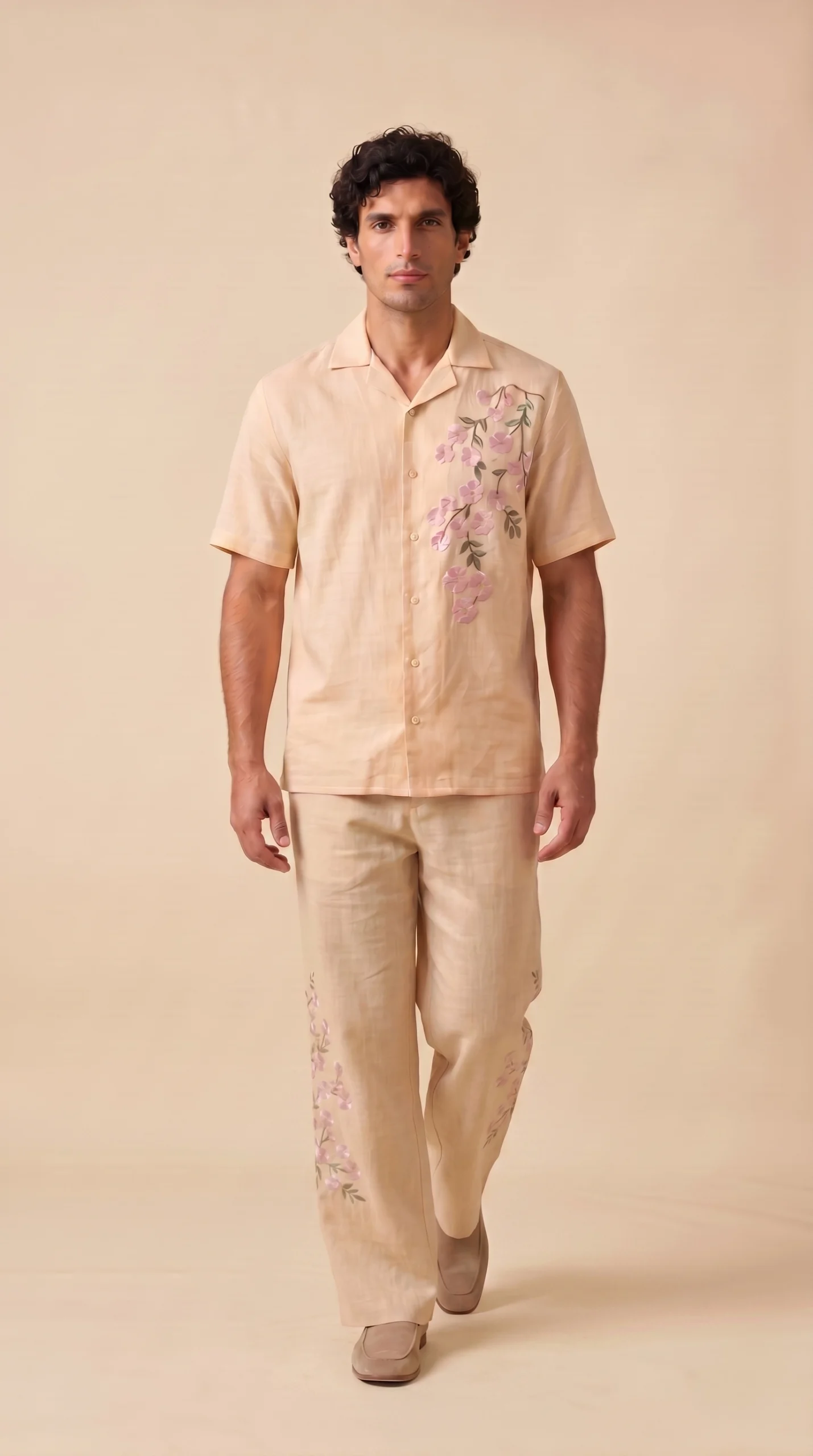 Luxury Beige Floral Embroidered Linen Cotton Cuban Collar Shirt and Pant Co-Ord Set for Men by Liibula