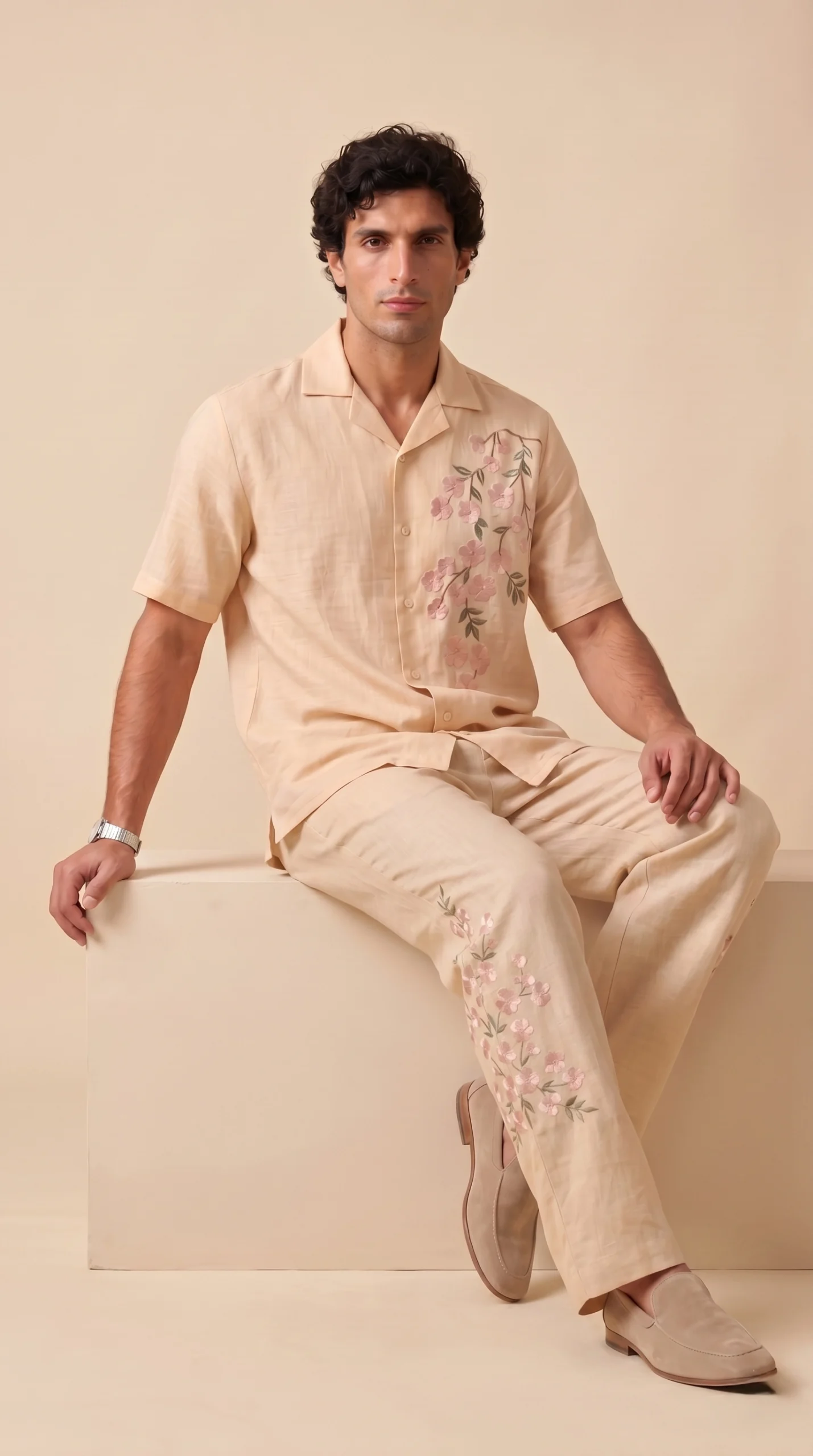 Luxury Beige Floral Embroidered Linen Cotton Cuban Collar Shirt and Pant Co-Ord Set for Men by Liibula