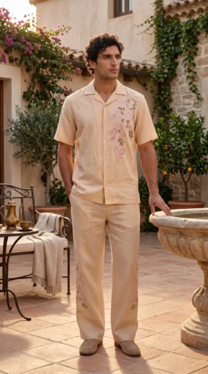 Luxury Beige Floral Embroidered Linen Cotton Cuban Collar Shirt and Pant Co-Ord Set for Men by Liibula