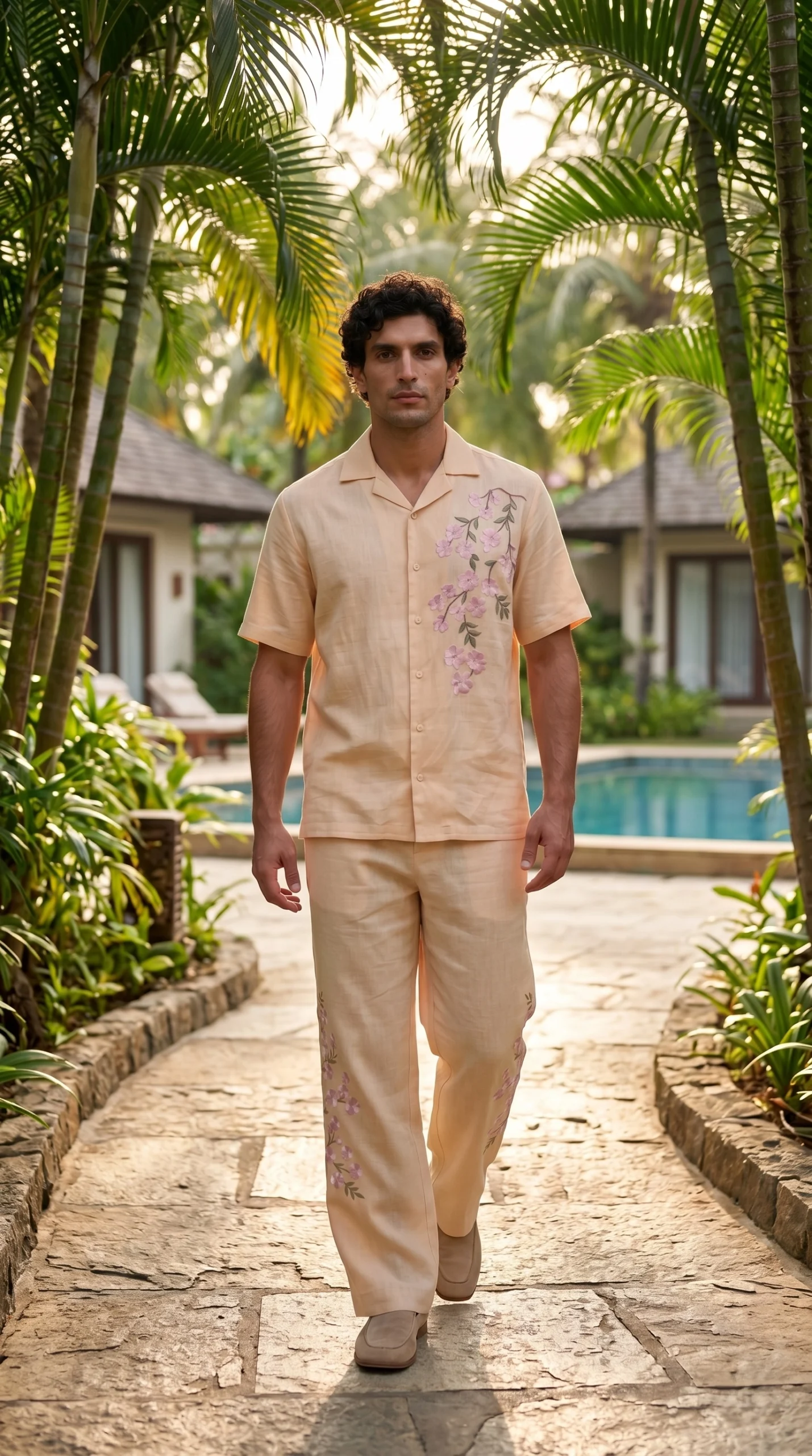 Luxury Beige Floral Embroidered Linen Cotton Cuban Collar Shirt and Pant Co-Ord Set for Men by Liibula