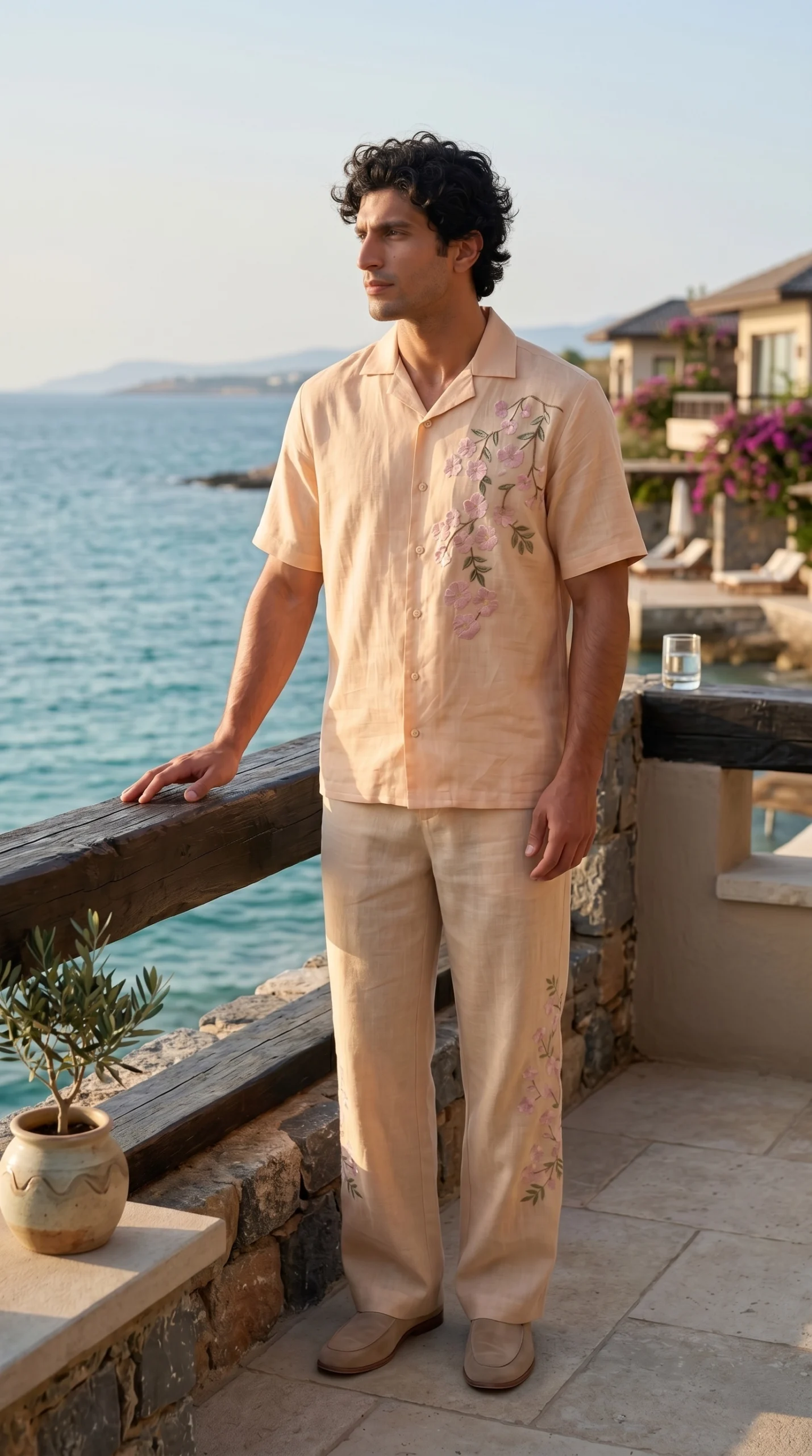 Luxury Beige Floral Embroidered Linen Cotton Cuban Collar Shirt and Pant Co-Ord Set for Men by Liibula