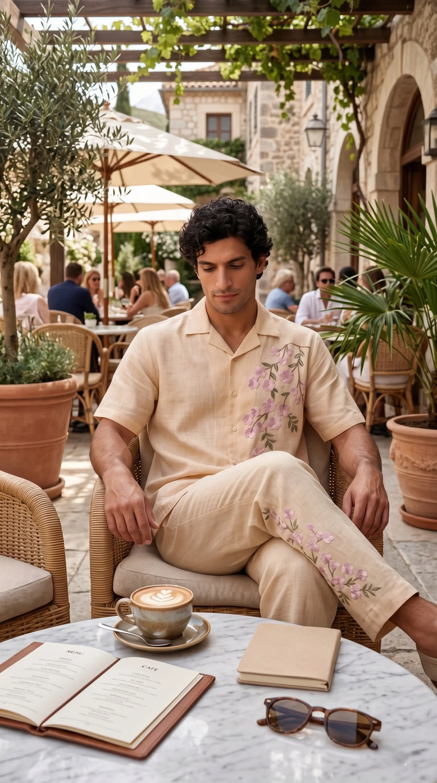 Luxury Beige Floral Embroidered Linen Cotton Cuban Collar Shirt and Pant Co-Ord Set for Men by Liibula