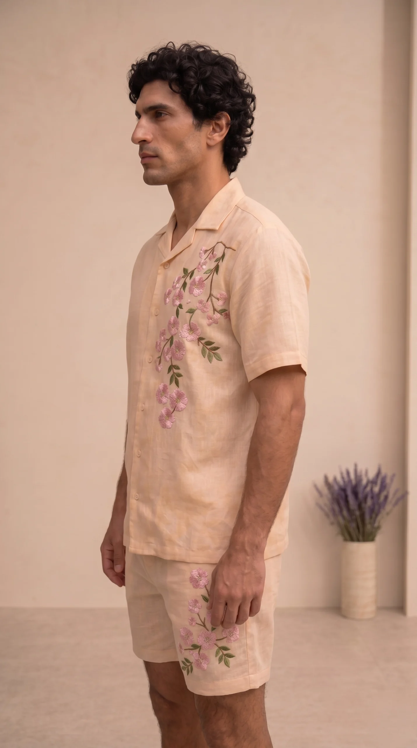Luxury Beige Floral Embroidered Linen Cotton Cuban Collar Shirt and Shorts Set for Men by Liibula