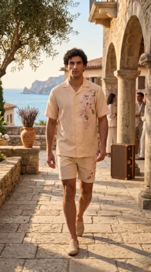 Luxury Beige Floral Embroidered Linen Cotton Cuban Collar Shirt and Shorts Set for Men by Liibula