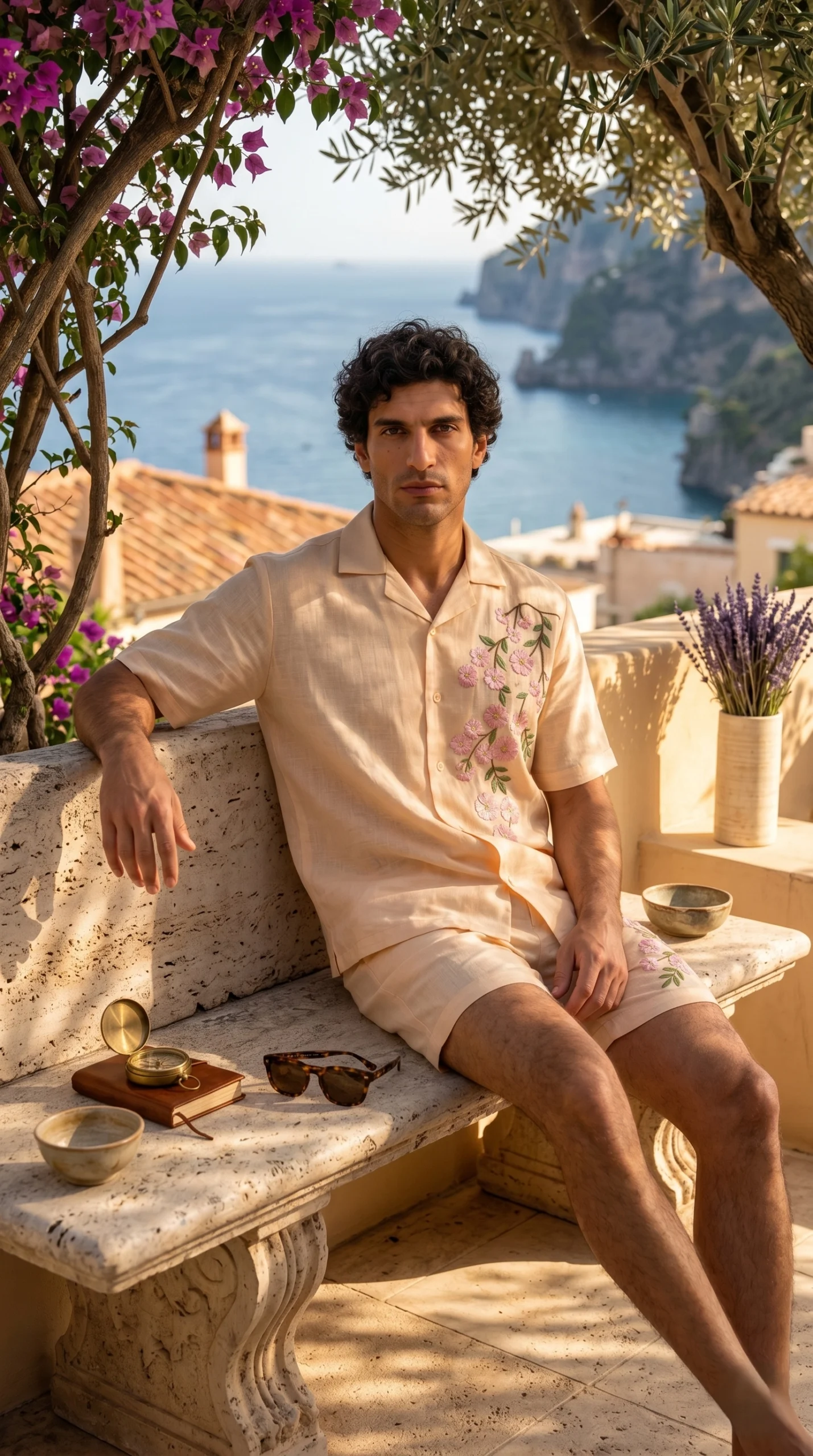 Luxury Beige Floral Embroidered Linen Cotton Cuban Collar Shirt and Shorts Set for Men by Liibula