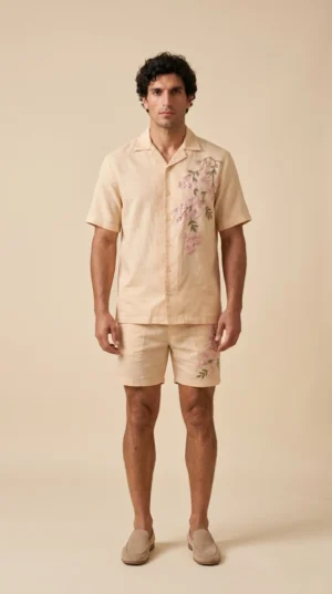 Luxury Beige Floral Embroidered Linen Cotton Cuban Collar Shirt and Shorts Set for Men by Liibula