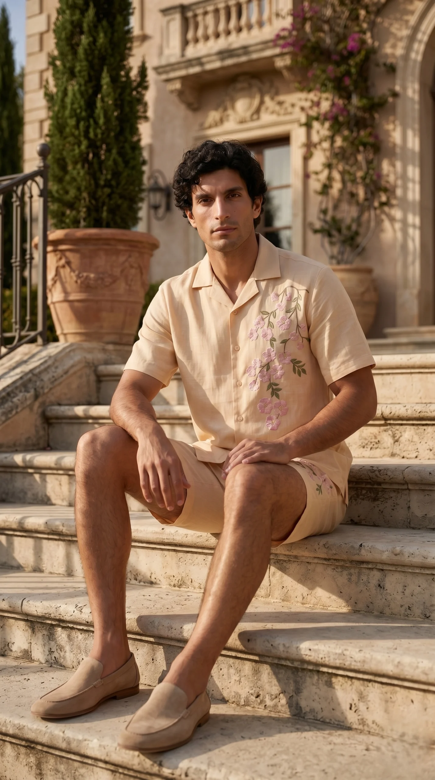 Luxury Beige Floral Embroidered Linen Cotton Cuban Collar Shirt and Shorts Set for Men by Liibula