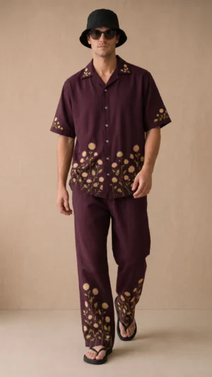 Luxury Burgundy Floral Embroidered Linen Cotton Cuban Collar Shirt and Pant Co-Ord Set for Men by Liibula