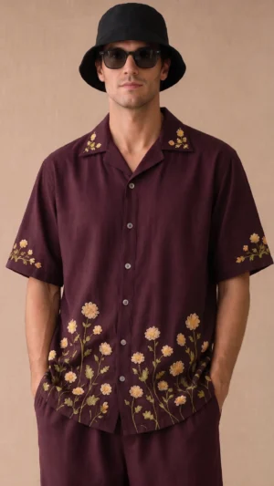 Luxury Burgundy Floral Embroidered Linen Cotton Cuban Collar Shirt and Pant Co-Ord Set for Men by Liibula