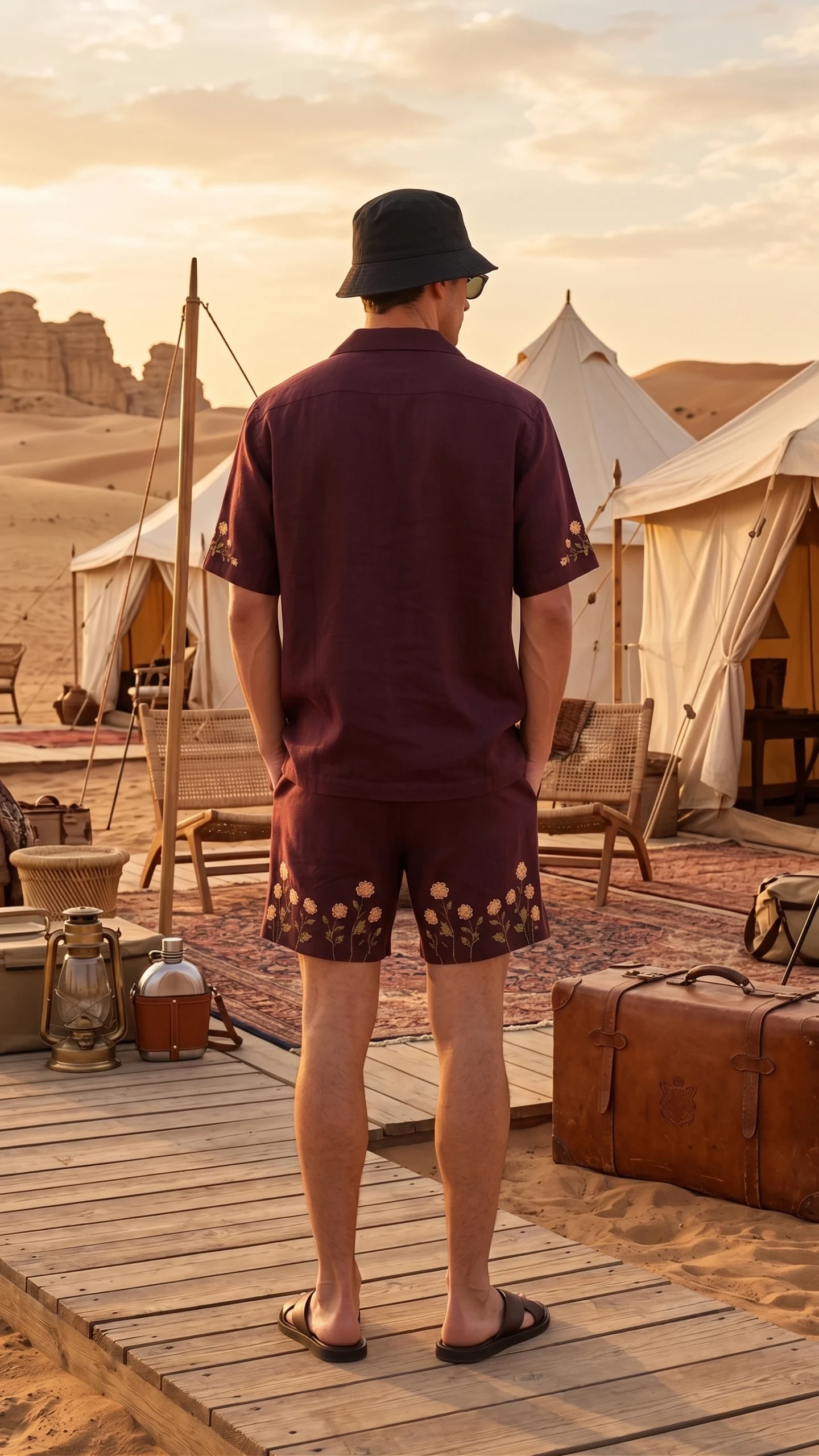 Luxury Burgundy Floral Embroidered Linen Cotton Cuban Collar Shirt and Shorts Set for Men by Liibula
