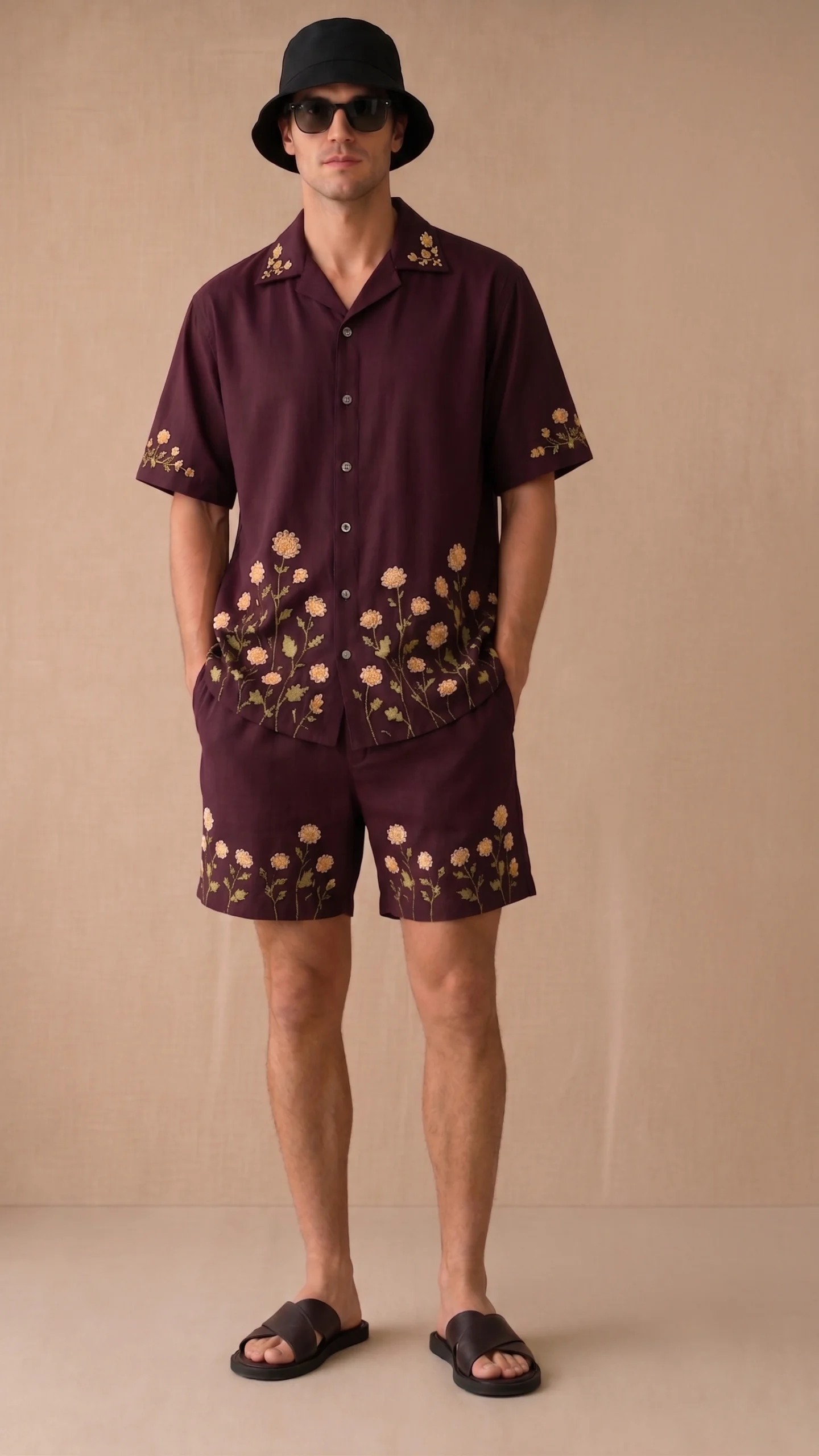 Luxury Burgundy Floral Embroidered Linen Cotton Cuban Collar Shirt and Shorts Set for Men by Liibula