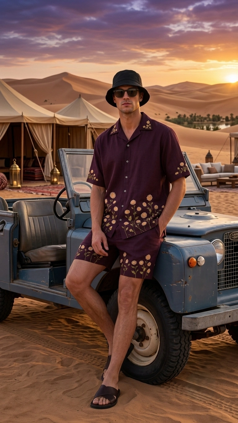 Luxury Burgundy Floral Embroidered Linen Cotton Cuban Collar Shirt and Shorts Set for Men by Liibula
