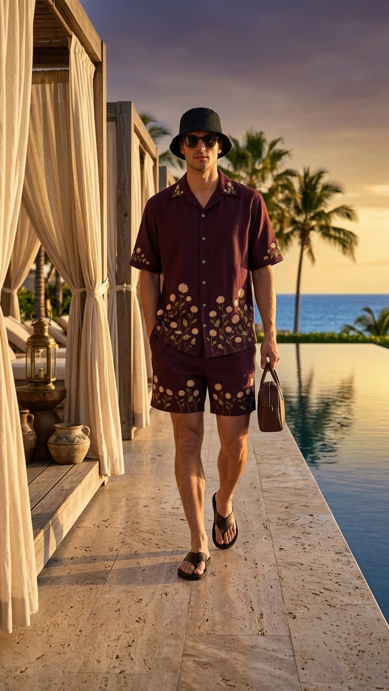 Luxury Burgundy Floral Embroidered Linen Cotton Cuban Collar Shirt and Shorts Set for Men by Liibula