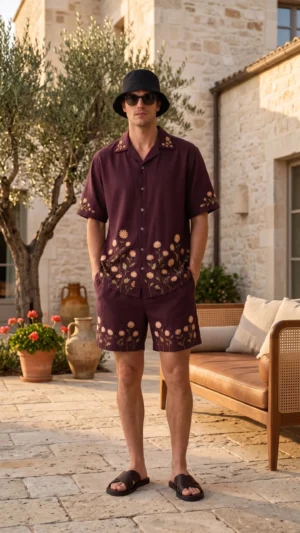 Luxury Burgundy Floral Embroidered Linen Cotton Cuban Collar Shirt and Shorts Set for Men by Liibula