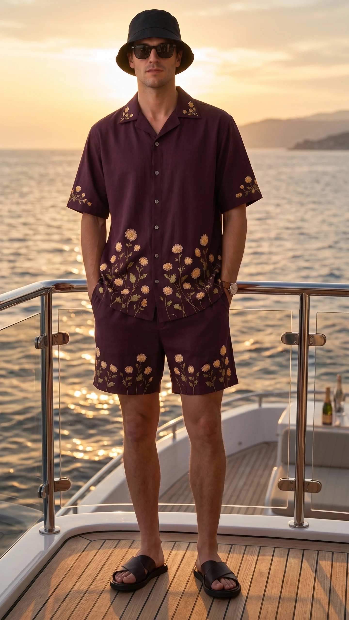 Luxury Burgundy Floral Embroidered Linen Cotton Cuban Collar Shirt and Shorts Set for Men by Liibula
