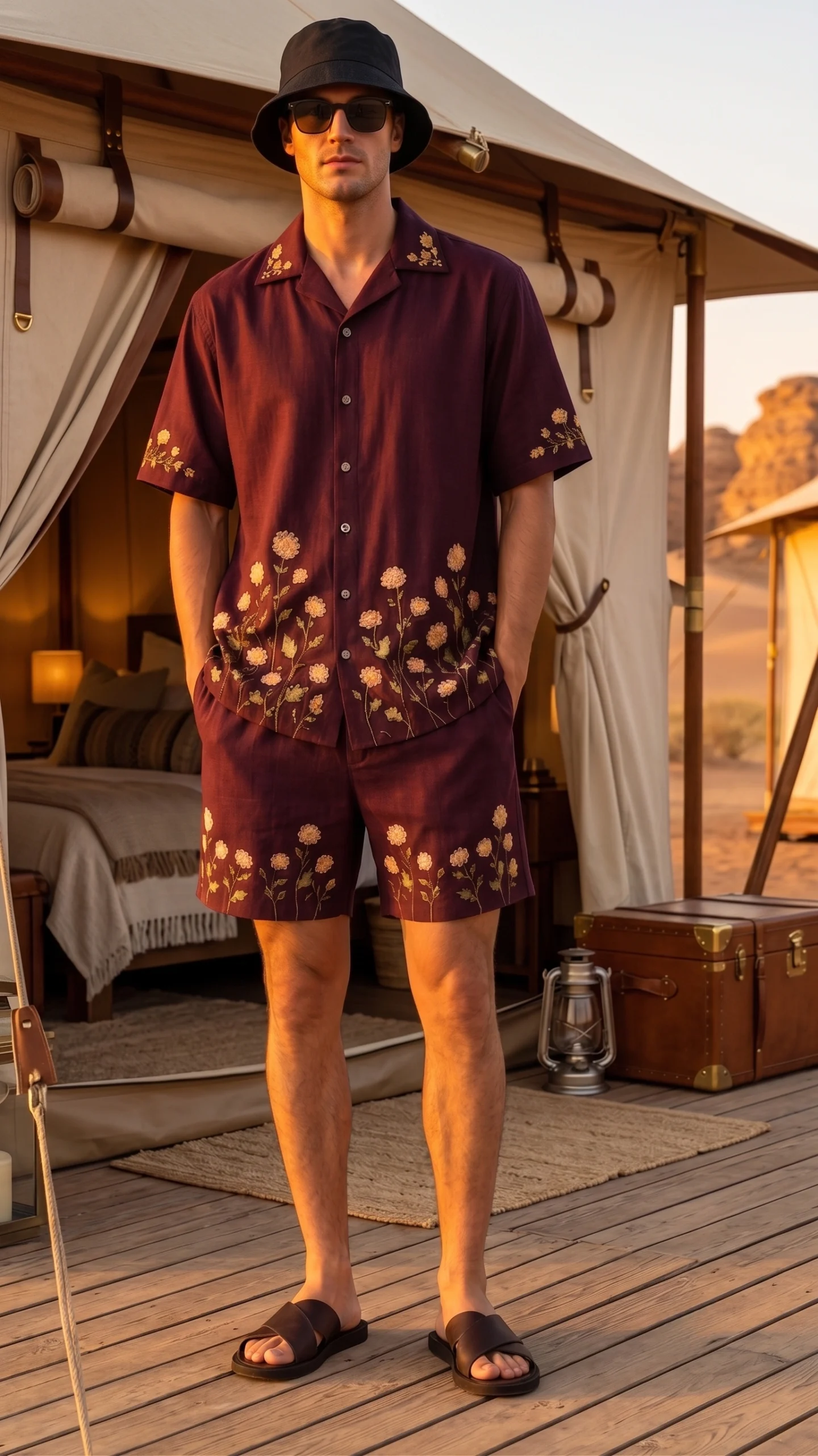 Luxury Burgundy Floral Embroidered Linen Cotton Cuban Collar Shirt and Shorts Set for Men by Liibula