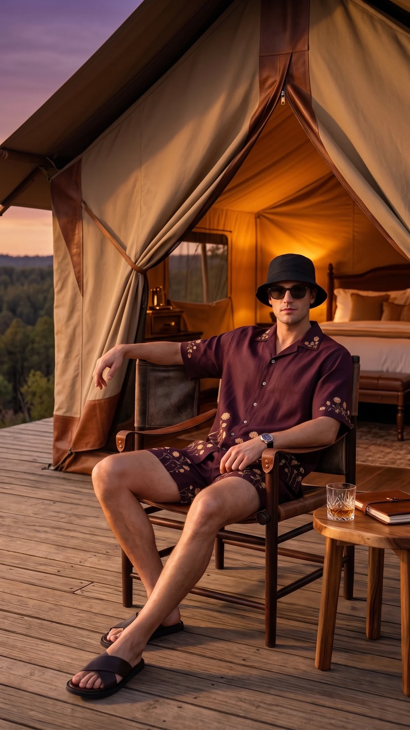 Luxury Burgundy Floral Embroidered Linen Cotton Cuban Collar Shirt and Shorts Set for Men by Liibula