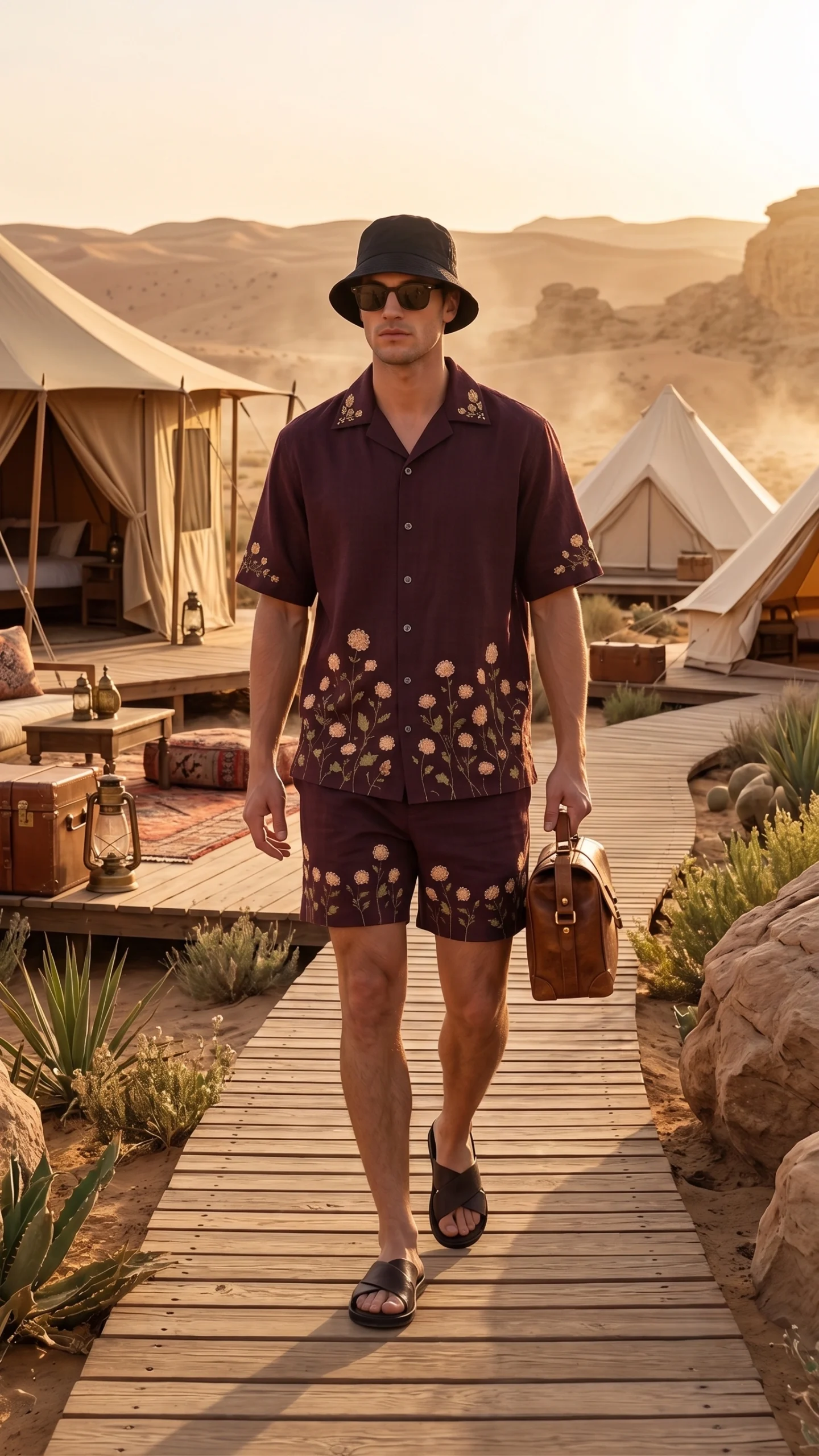 Luxury Burgundy Floral Embroidered Linen Cotton Cuban Collar Shirt and Shorts Set for Men by Liibula