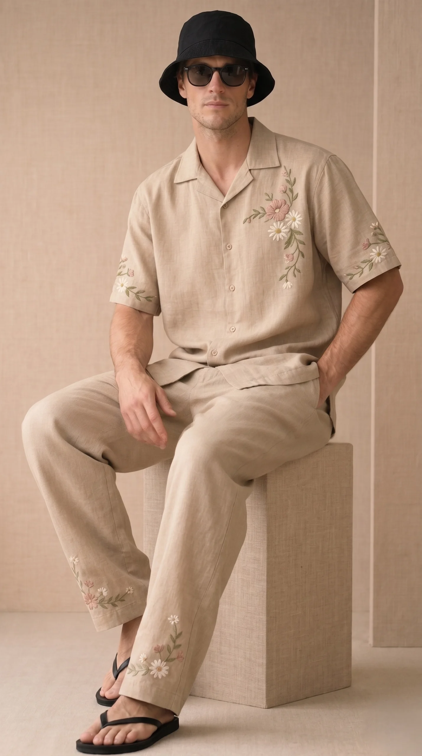Beige Embroidered Linen Cotton Cuban Collar Shirt and Pant Co-Ord Set for Men by Liibula