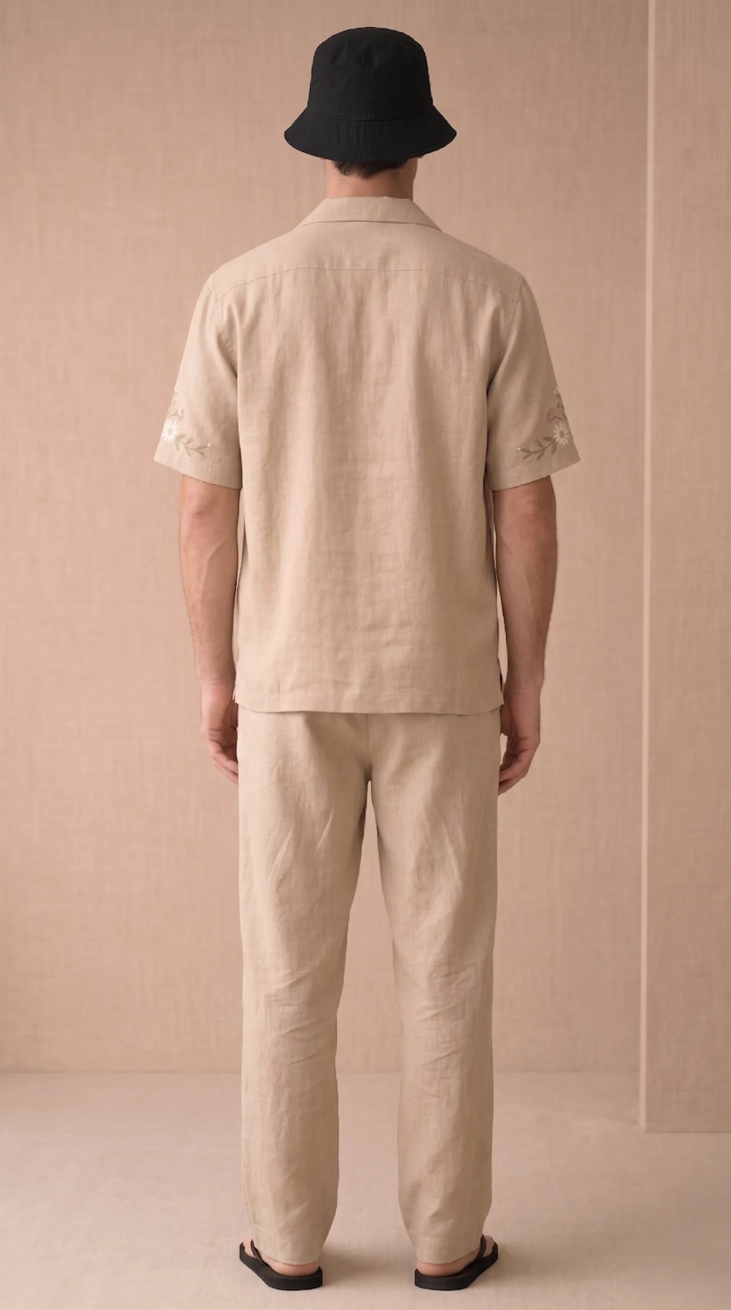Beige Embroidered Linen Cotton Cuban Collar Shirt and Pant Co-Ord Set for Men by Liibula