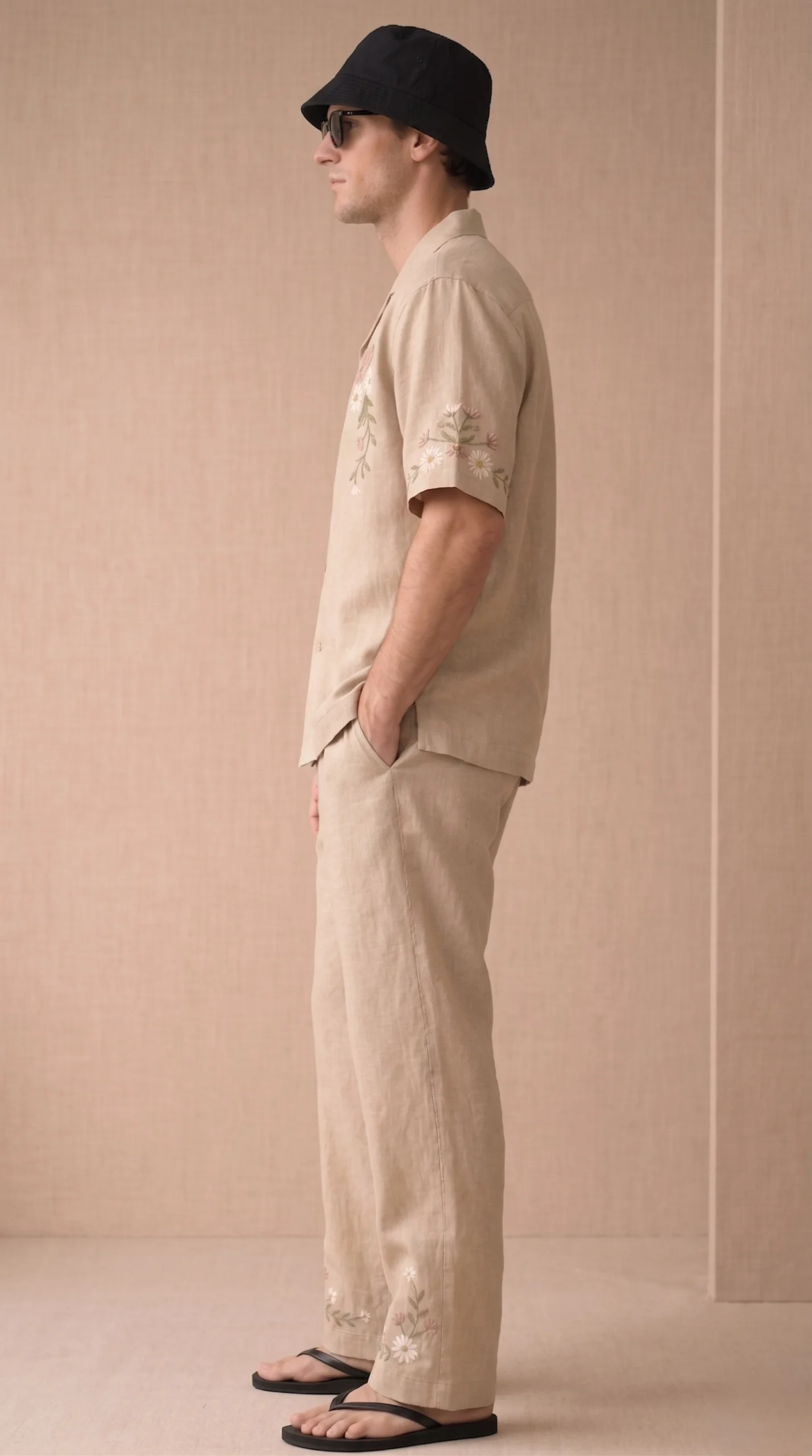 Beige Embroidered Linen Cotton Cuban Collar Shirt and Pant Co-Ord Set for Men by Liibula