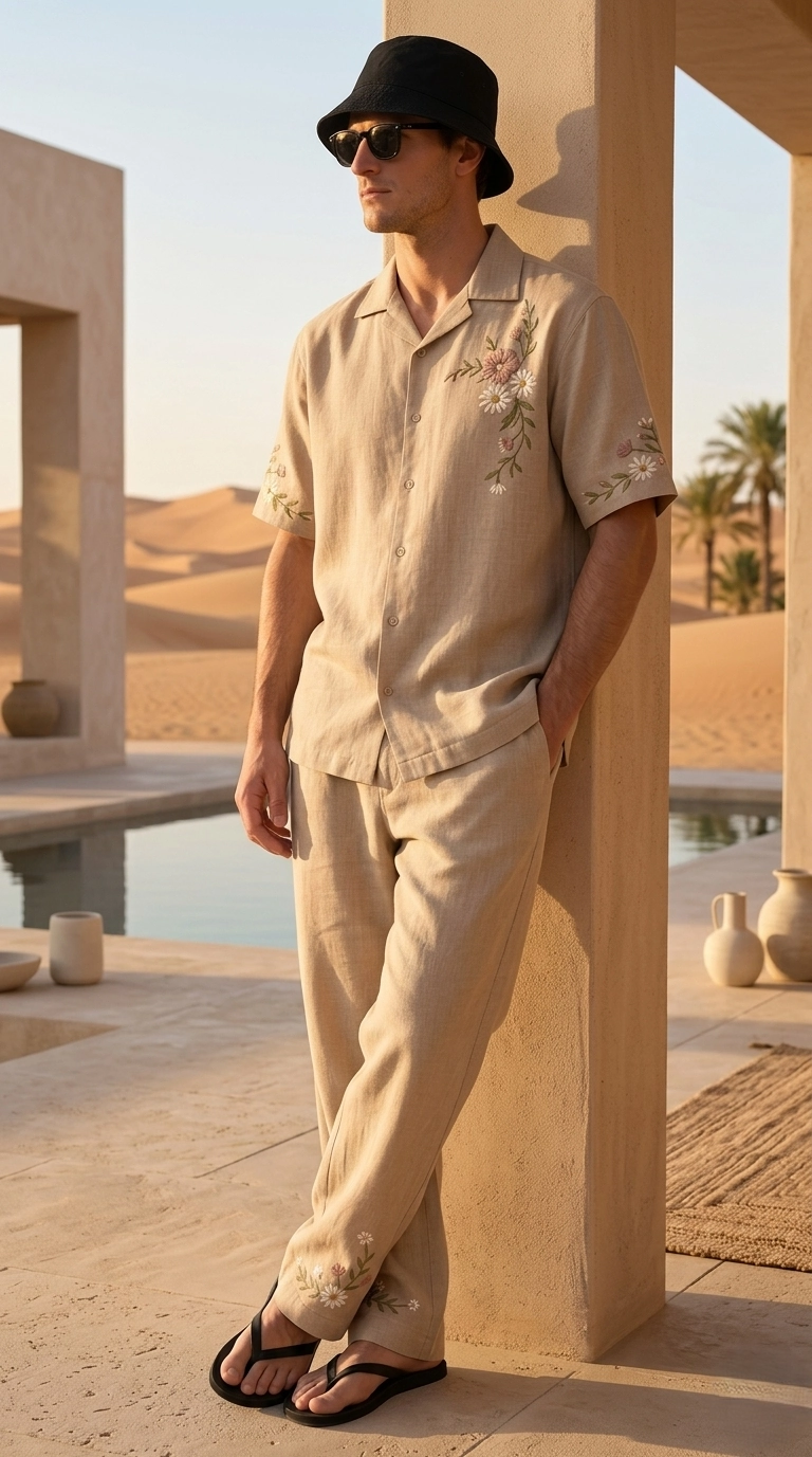 Beige Embroidered Linen Cotton Cuban Collar Shirt and Pant Co-Ord Set for Men by Liibula
