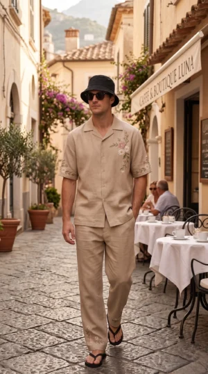 Beige Embroidered Linen Cotton Cuban Collar Shirt and Pant Co-Ord Set for Men by Liibula