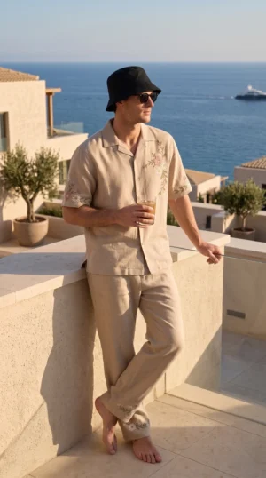 Beige Embroidered Linen Cotton Cuban Collar Shirt and Pant Co-Ord Set for Men by Liibula