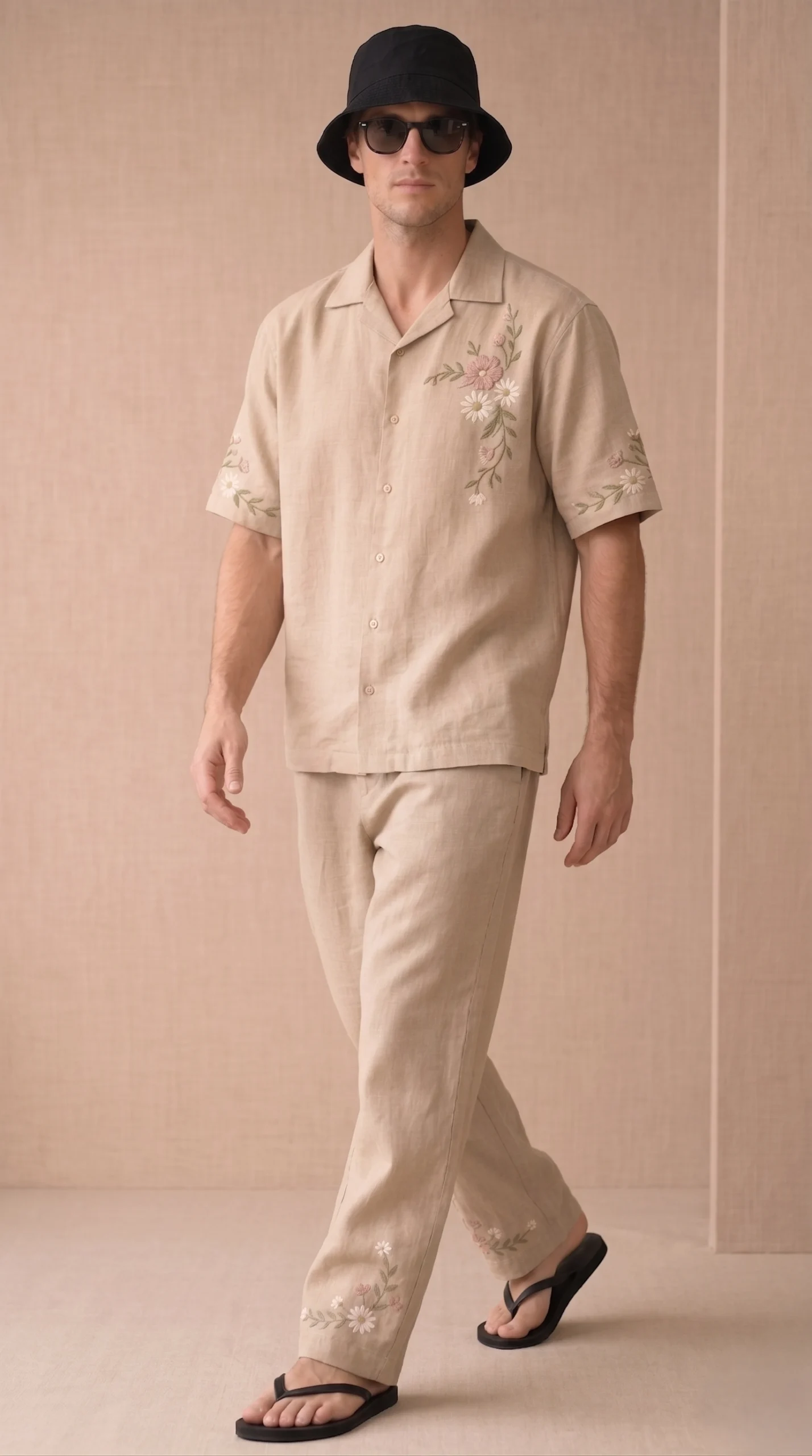 Beige Embroidered Linen Cotton Cuban Collar Shirt and Pant Co-Ord Set for Men by Liibula