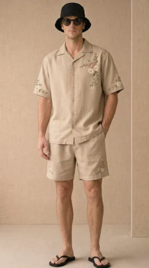 Beige Embroidered Linen Cotton Cuban Collar Shirt and Shorts Set for Men by Liibula
